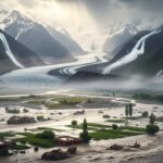 A dramatic landscape showing a large, winding river flowing from melting Himalayan glaciers through a valley and flooding a rural village and farmland below. The glaciers are visible high in the misty, snow-capped mountains, feeding the swollen river. The floodwaters surround houses and fields in the foreground.