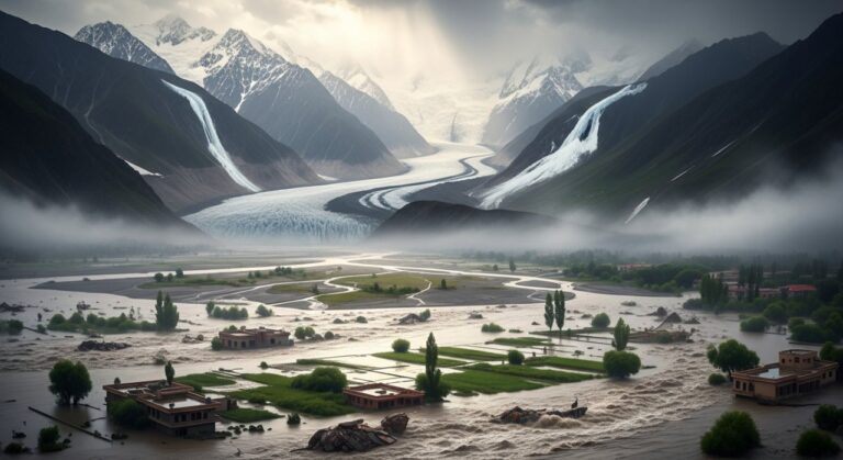 A dramatic landscape showing a large, winding river flowing from melting Himalayan glaciers through a valley and flooding a rural village and farmland below. The glaciers are visible high in the misty, snow-capped mountains, feeding the swollen river. The floodwaters surround houses and fields in the foreground.