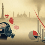 An abstract image illustrates the severe impact of Smog is Pakistan's Fifth Season. The image shows a city skyline shrouded in smog, with factory emissions billowing into the sky, alongside a gas-masked figure representing health threats and a collapsing financial graph depicting economic decline.