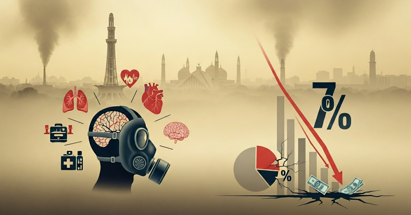An abstract image illustrates the severe impact of Smog is Pakistan's Fifth Season. The image shows a city skyline shrouded in smog, with factory emissions billowing into the sky, alongside a gas-masked figure representing health threats and a collapsing financial graph depicting economic decline.