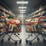 The image shows two shopping carts that illustrate how rising food prices affect what we can buy. Large price tags and a climbing arrow highlight the reality of grocery store inflation. The sad faces on the carts reflect the struggle of having fewer choices for more money.