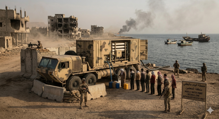 A military mobile water desalination truck operates in a war-torn coastal town, with soldiers guarding the complex system of pumps and filters. Local civilians queue with colorful jerrycans to receive purified water from the unit, while a sign in Arabic and English identifies the location as a "Mobile Water Point - Secured Zone."